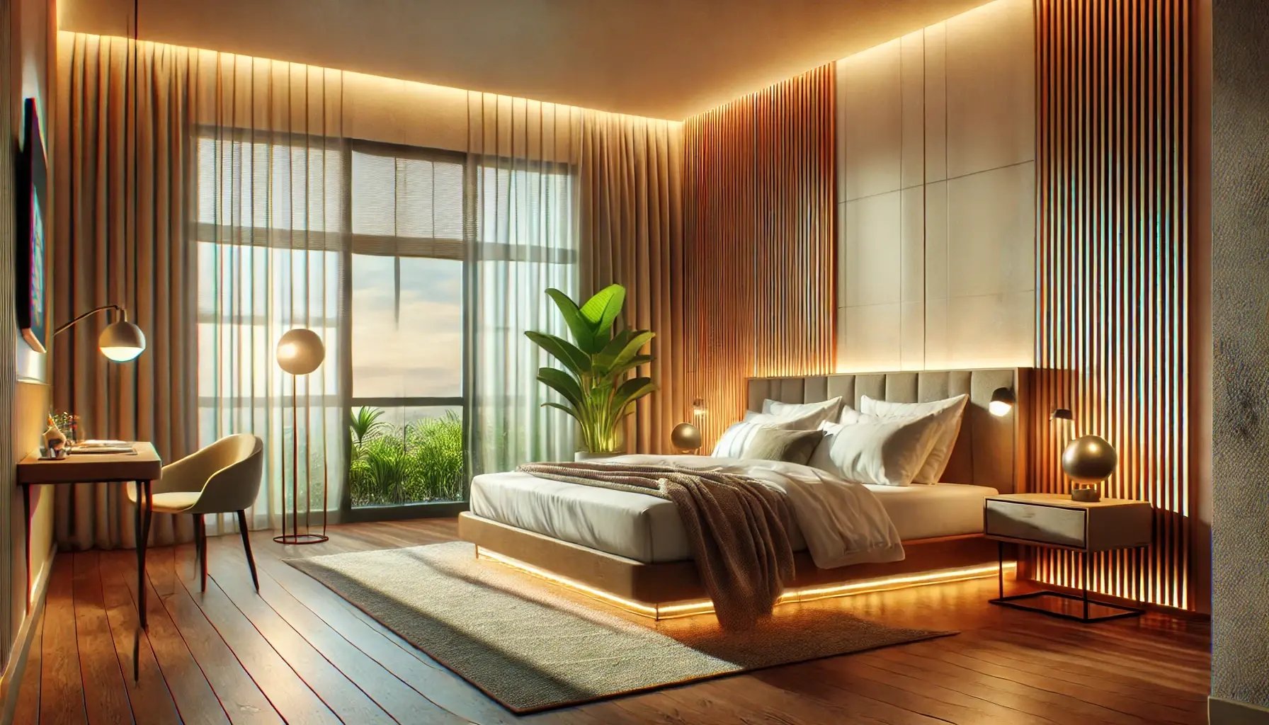 DALL·E 2024-12-30 17.22.54 - A realistic view of a guest room in a hotel, designed to showcase energy-saving features. The room includes a modern bed with eco-friendly bedding, la